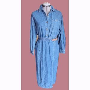 Vintage 90s Fitted Denim Jean Shirt Dress with Wrap Skirt made in USA L 12
